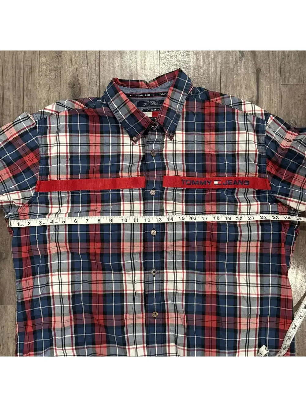Vintage Tommy Jeans Tartan Button Front Shirt‎ Red Navy White Embroidered Preppy